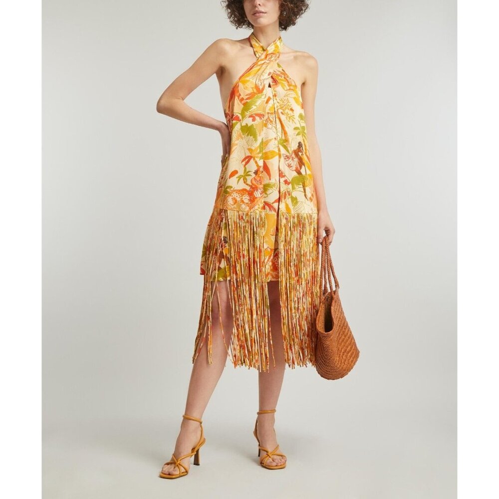 Farm Rio Dress Leopard Forest Sand Mini Fringe Sleeveless NWT